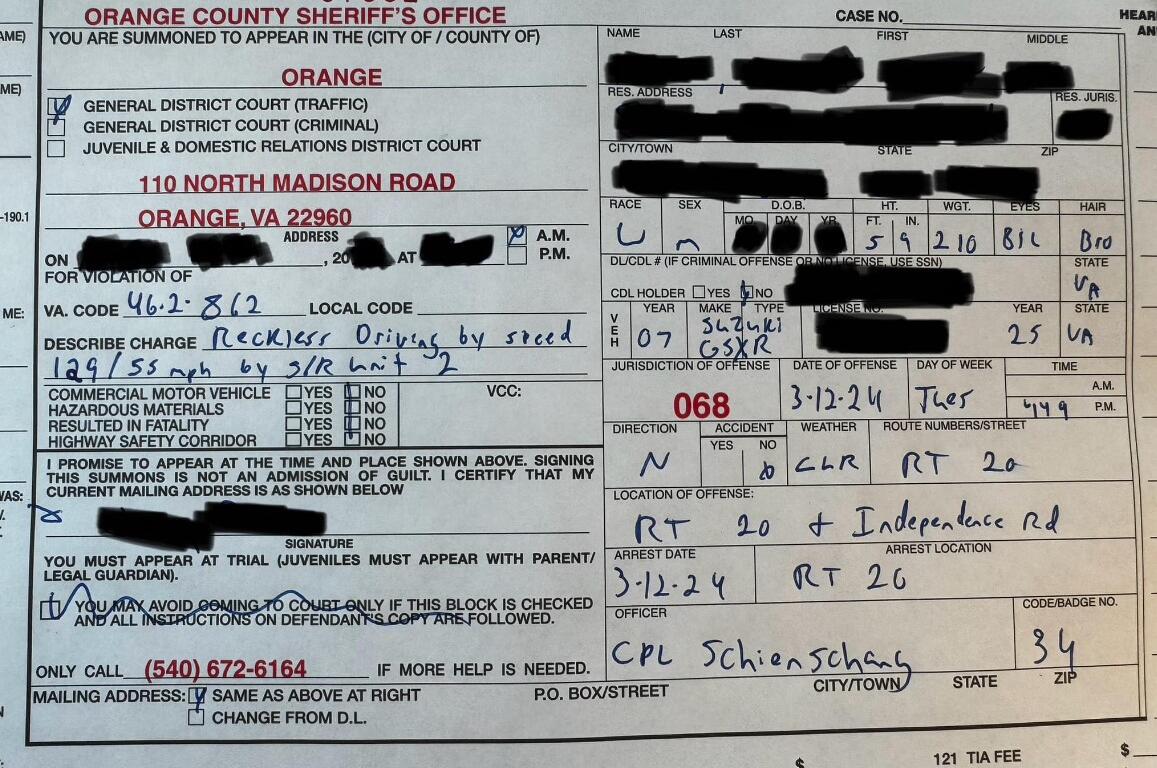 speeding citation - Orange Co motorcycle 031324