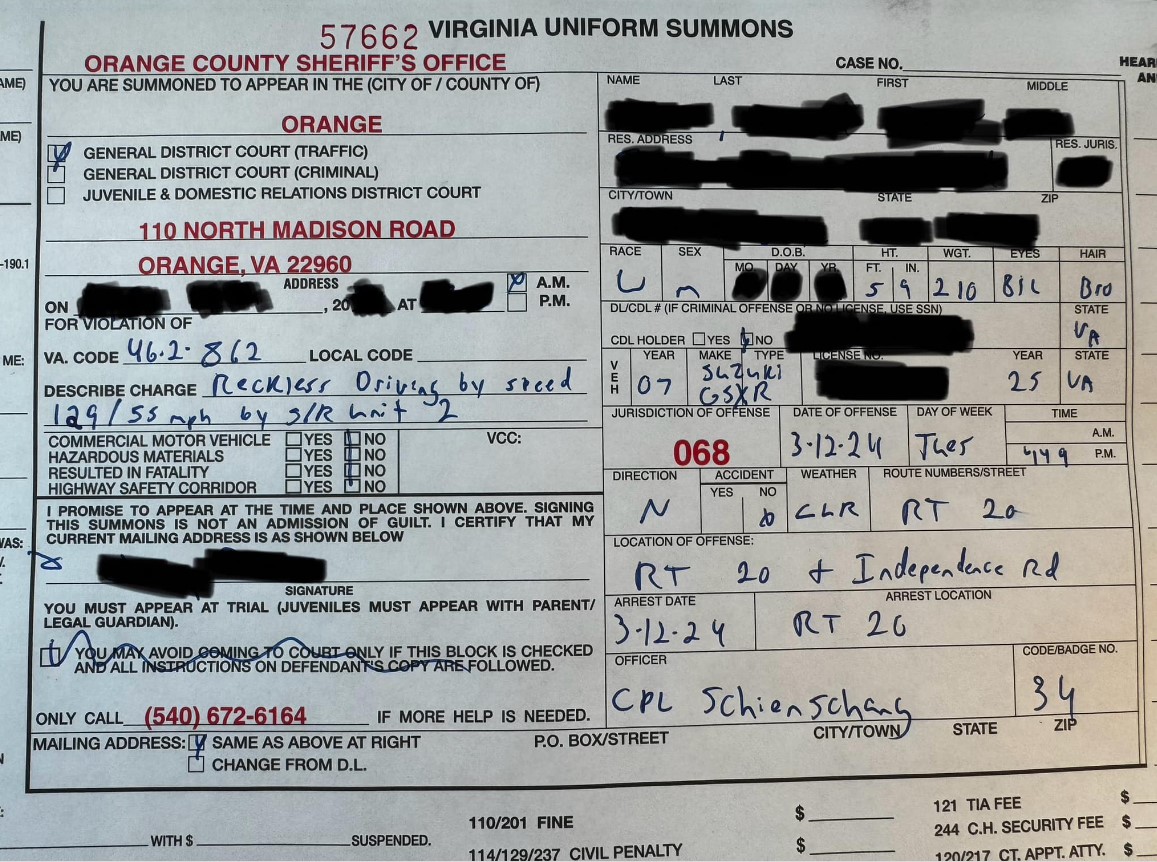 speeding citation - Orange Co motorcycle 031324