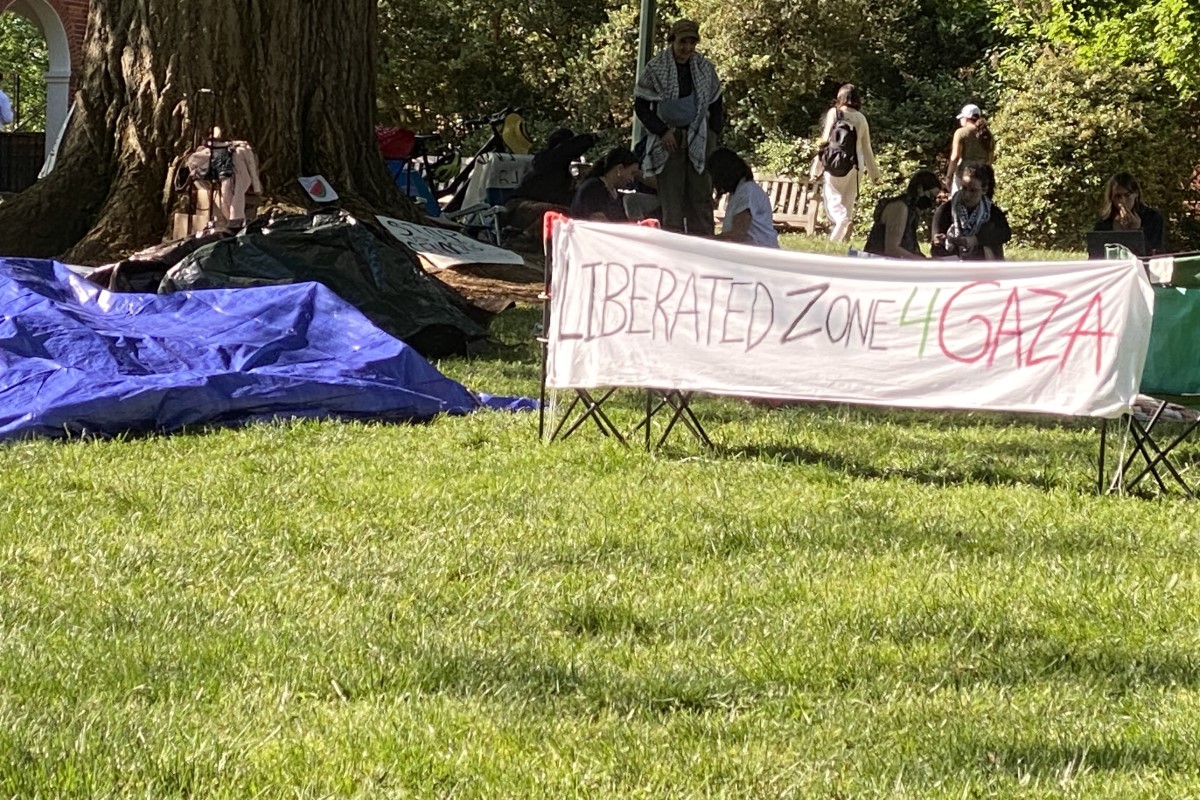 UVa pro-Palestinian protest sign and tarp or tent