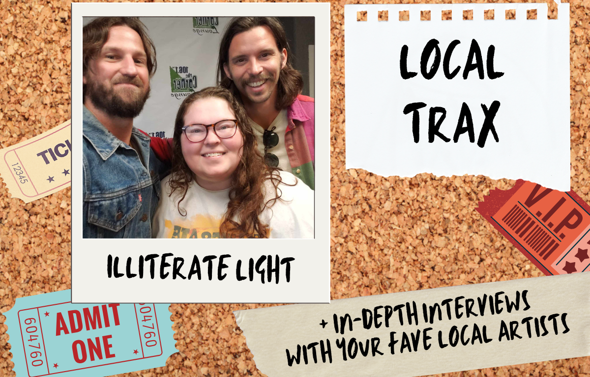 corkboard image featuring a graphic polaroid of Harrisonburg based band Illiterate Light with host Samantha