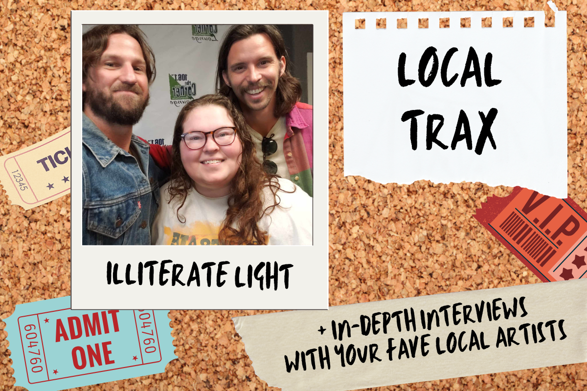 corkboard image featuring a graphic polaroid of Harrisonburg based band Illiterate Light with host Samantha