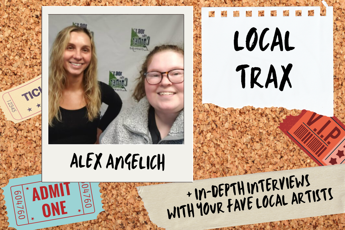 corkboard background with a snapshot of Alex Angelich and Samantha