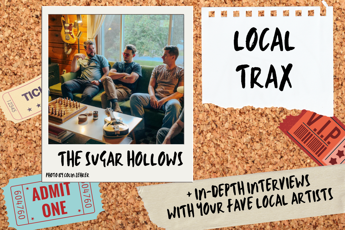 Corkboard graphic for Local Trax, a two hour local music show, featuring a photo of the Richmond band The Sugar Hollows