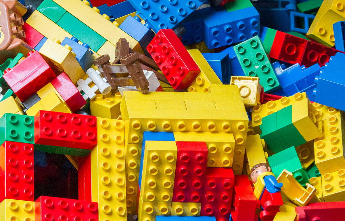 Shop bins of Legos at Bricks and Minfig in Charlottesville VA