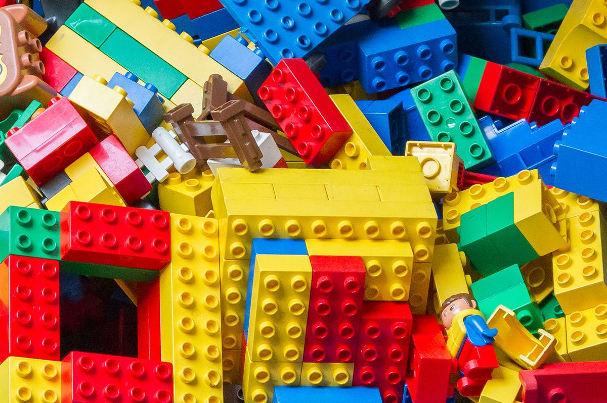 Shop bins of Legos at Bricks and Minfig in Charlottesville VA