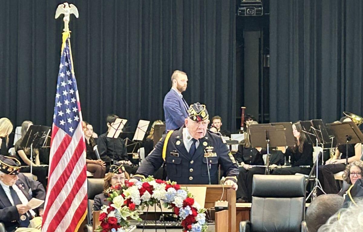 Patrick Kelly speaks at the American Legion's Veterans Day event.