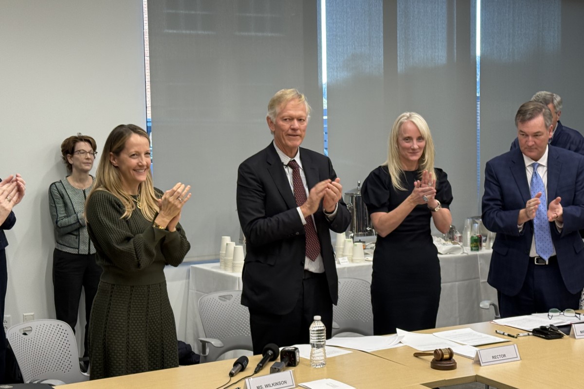 Porter Wilkinson. Scott Beardsley and Rachel Sheridan after naming Beardsley 10th UVA President
