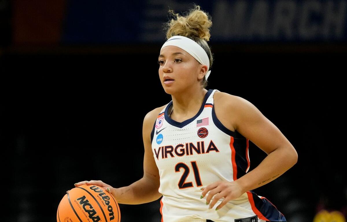 Kymora Johnson dribbling a basketball