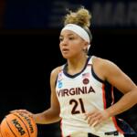 Kymora Johnson dribbling a basketball