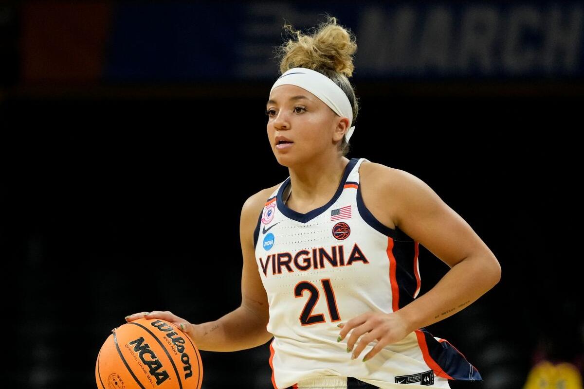 Kymora Johnson dribbling a basketball