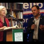 Split image: woman in a red blazer speaks at a bookstore podium, and a man in a suit with a microphone on a stage.