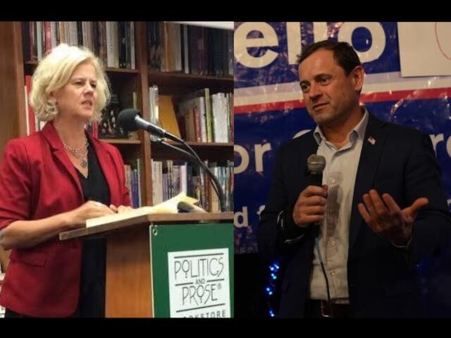 Split image: woman in a red blazer speaks at a bookstore podium, and a man in a suit with a microphone on a stage.
