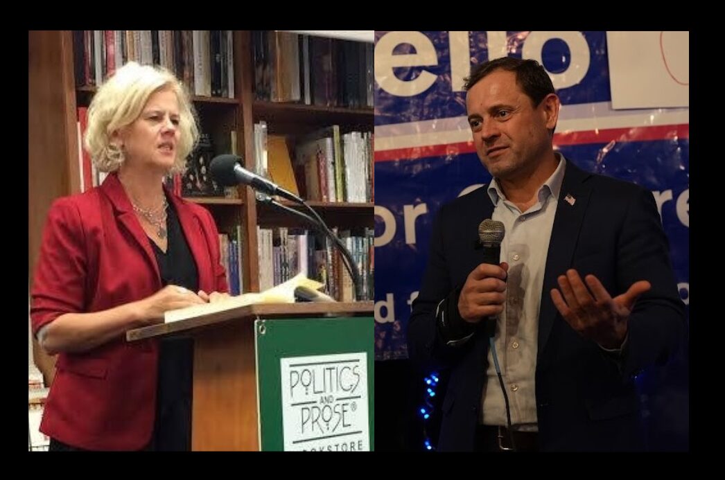 Split image: woman in a red blazer speaks at a bookstore podium, and a man in a suit with a microphone on a stage.