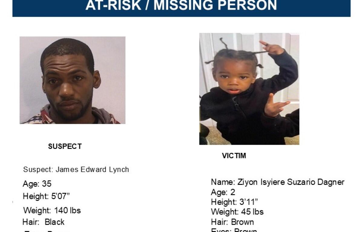 Missing person alert banner with two photos: left, suspect James Edward Lynch (35; 5'7", 140 lbs; black hair, brown eyes); right, victim Ziyon Isiyere Suzario Dagner (2; 3'11", 45 lbs; brown hair, brown eyes).