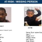 Missing person alert banner with two photos: left, suspect James Edward Lynch (35; 5'7", 140 lbs; black hair, brown eyes); right, victim Ziyon Isiyere Suzario Dagner (2; 3'11", 45 lbs; brown hair, brown eyes).