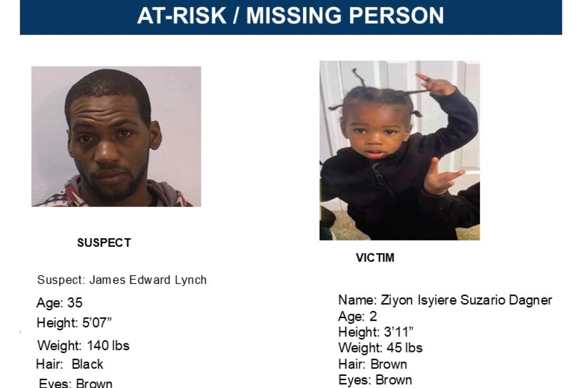Missing person alert banner with two photos: left, suspect James Edward Lynch (35; 5'7", 140 lbs; black hair, brown eyes); right, victim Ziyon Isiyere Suzario Dagner (2; 3'11", 45 lbs; brown hair, brown eyes).
