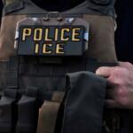Close-up of a tactical vest with multiple pouches and a badge that reads POLICE ICE.