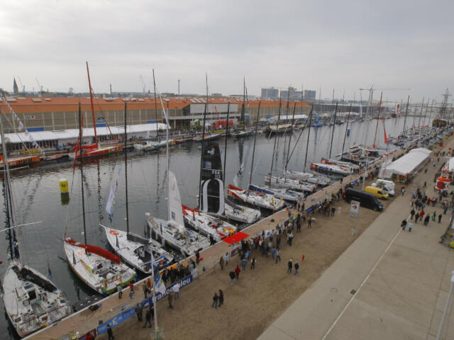 Mono hulls at the French harbour of Le Havre, western France, Saturday Oct. 29, 2011. ahead of the start of the 10th Transat Jacques Vabre a double-handed oceanic race across the Atlantic, from Le Havre, Normandy, heading towards Puerto Limon, Costa Rica.