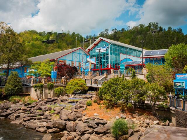 Ripley's Aquarium exterior with glass facade and red/blue accents along a rocky shoreline and boardwalk.