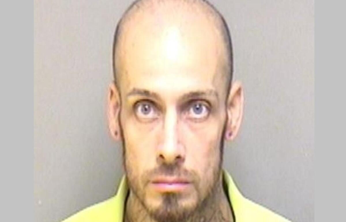 Mugshot of a bald man with a goatee, facing forward in a yellow shirt against a plain gray background, looking serious.”,