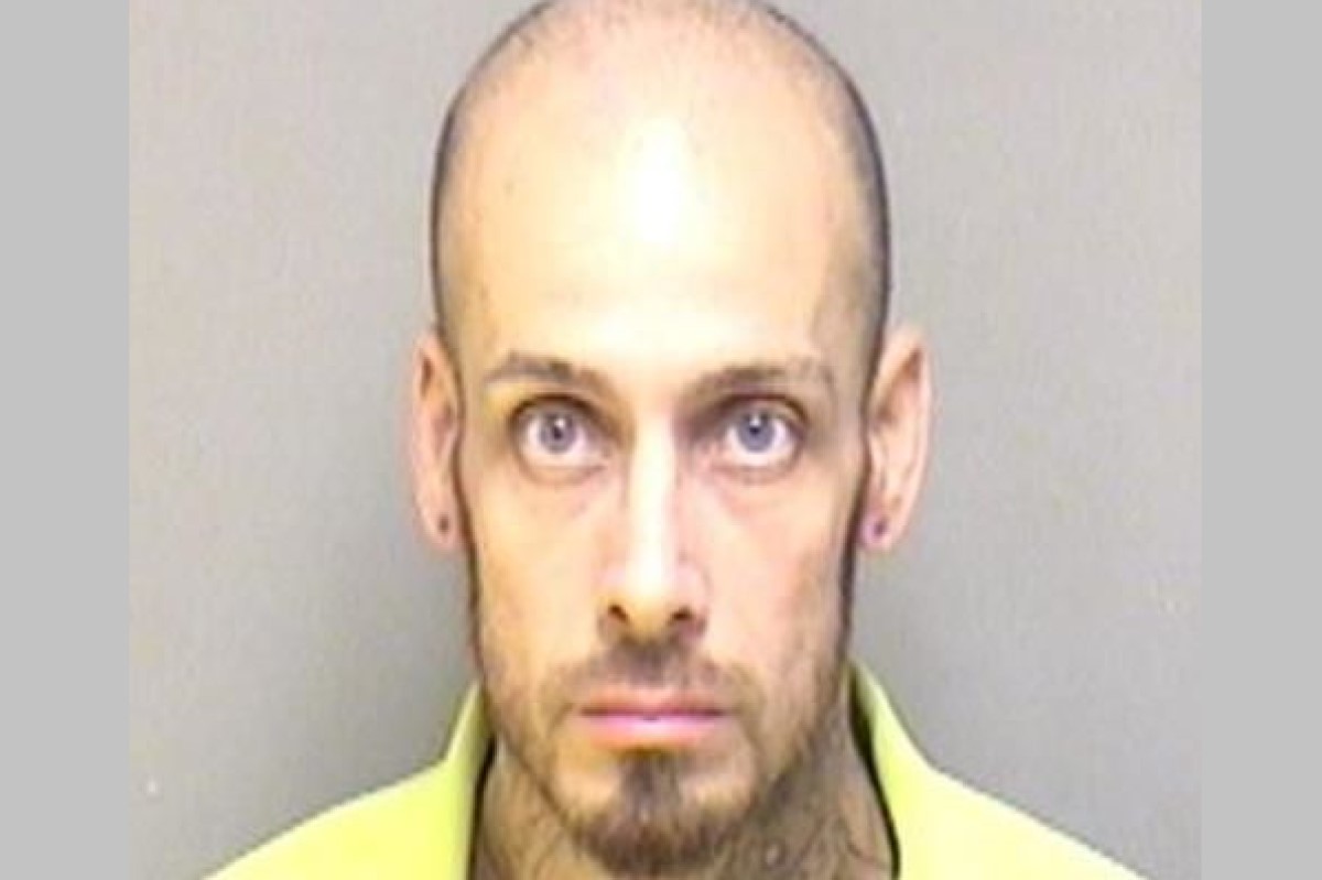 Mugshot of a bald man with a goatee, facing forward in a yellow shirt against a plain gray background, looking serious.”,