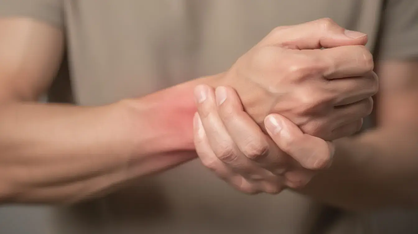 Person's hands clasped around a reddened wrist, indicating wrist pain or strain.