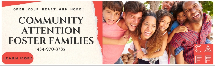 Banner promoting foster families: diverse group of smiling people with text 'Community Attention Foster Families' and contact 434-970-3735, Learn More button.