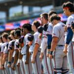Virginia baseball players lined up for national anthem