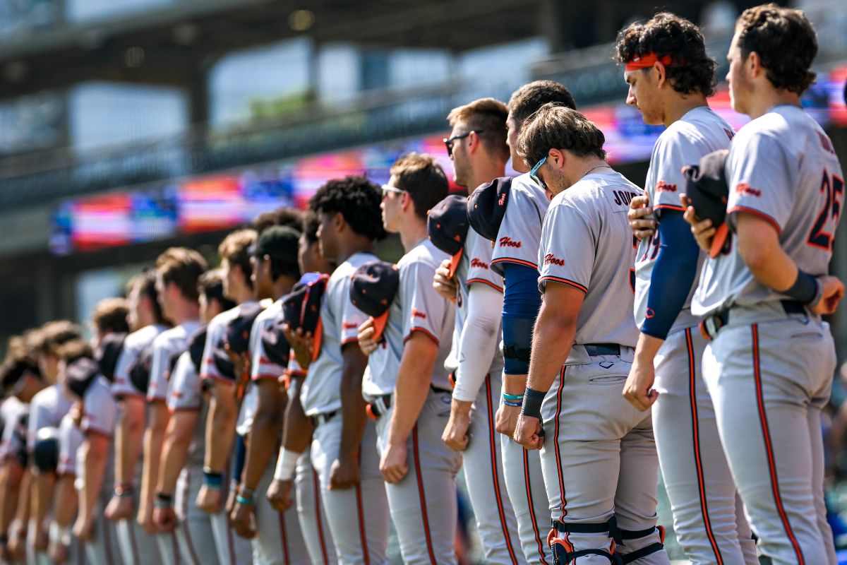 Virginia baseball players lined up for national anthem