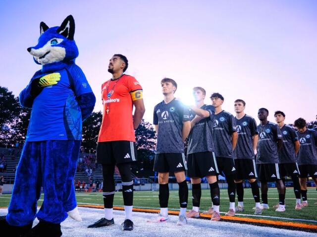 Soccer team lines up on the field with a blue fox mascot at left, before a game at sunset/blue hour.