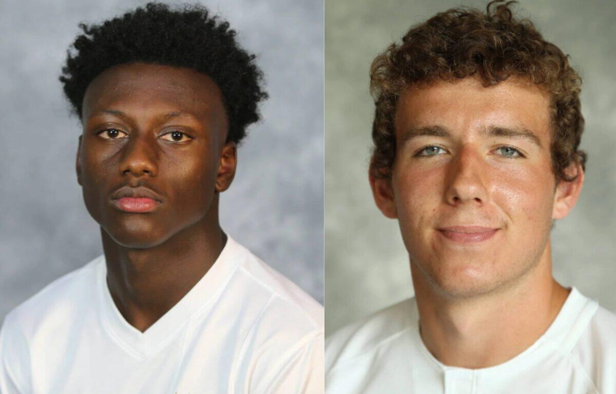 Side-by-side portraits of two young men wearing white shirts in a studio; left is Black with short curly hair and a serious expression, right is White with light brown curly hair and a subtle smile.