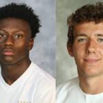 Side-by-side portraits of two young men wearing white shirts in a studio; left is Black with short curly hair and a serious expression, right is White with light brown curly hair and a subtle smile.