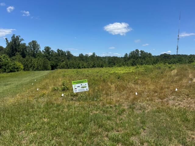 Open grassy field with a small sign reading 'Landscape Restoration in Progress' and trees on the horizon.