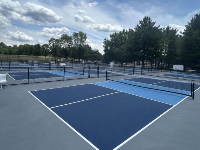 Outdoor blue tennis courts with nets, surrounded by black chain-link fencing and trees under a partly cloudy sky.