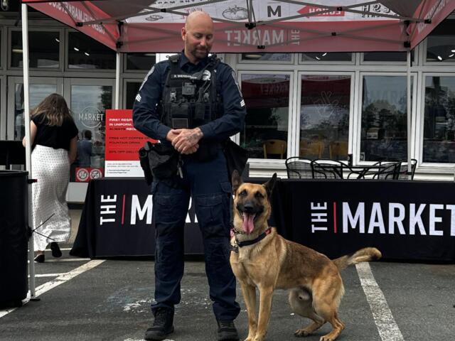 Police officer in tactical vest standing with a German Shepherd at an event under a red canopy outside a market venue.