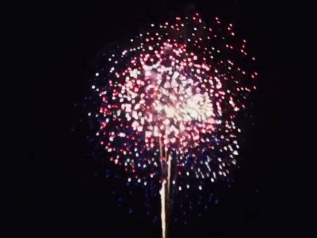 Firework bursting in a dark night sky with red, white, and blue sparks around a bright center.