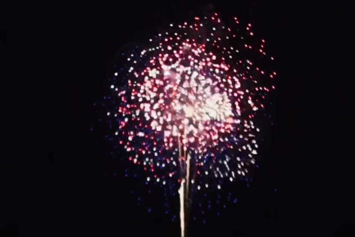 Firework bursting in a dark night sky with red, white, and blue sparks around a bright center.