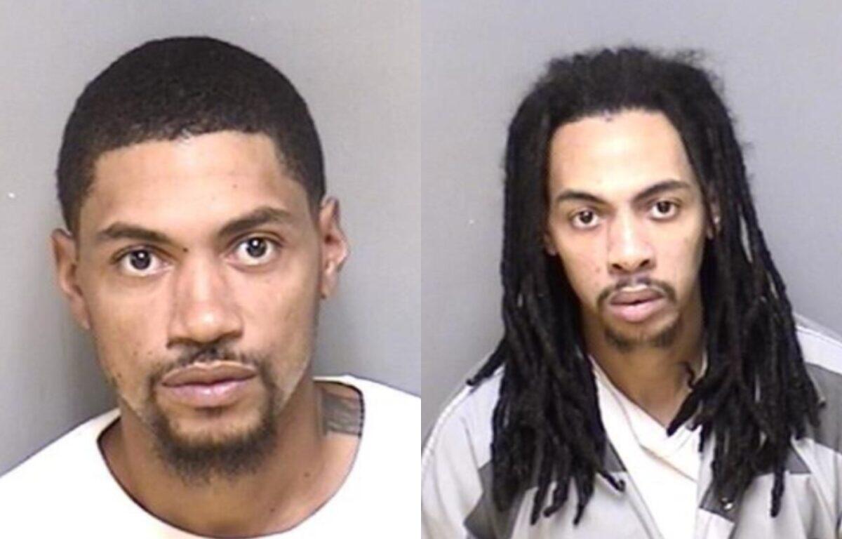 Mugshots: left, man with short hair and goatee; right, man with long dreadlocks in a striped shirt.