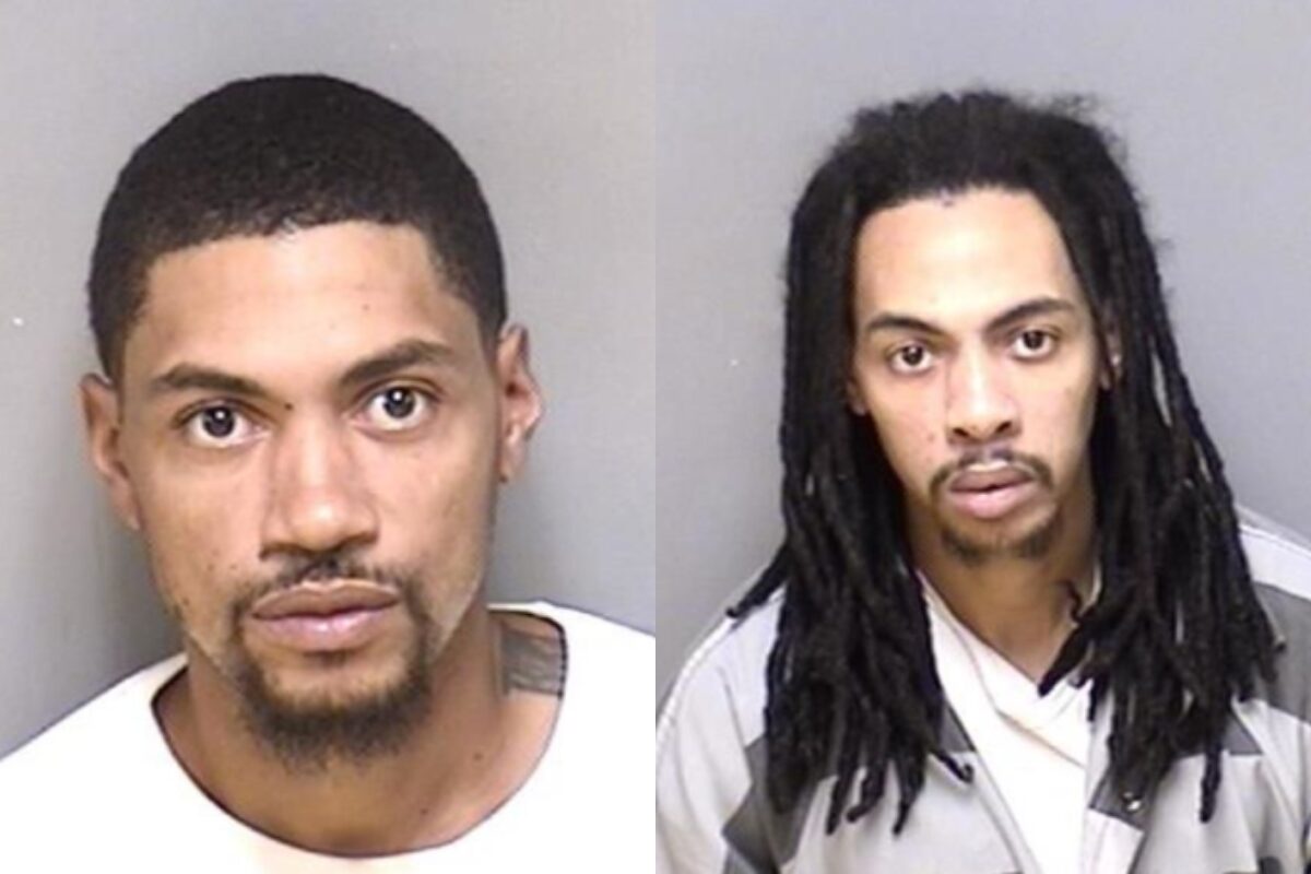 Mugshots: left, man with short hair and goatee; right, man with long dreadlocks in a striped shirt.