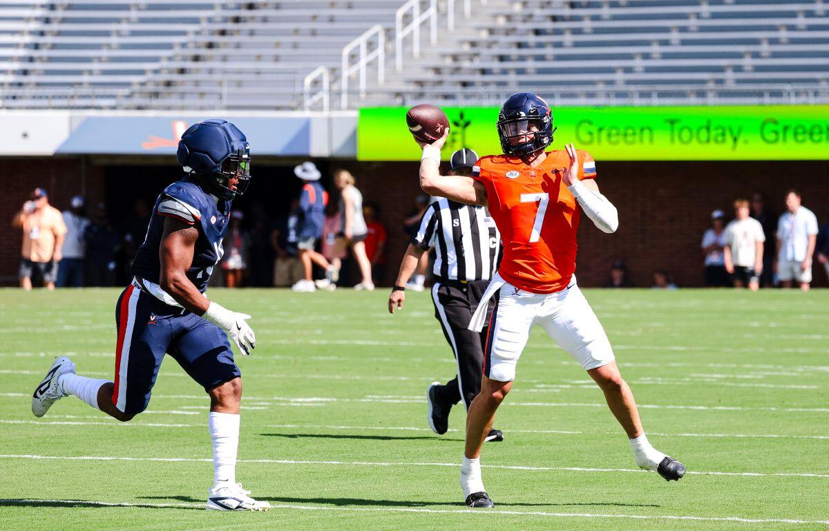 QB Beau Pribula (right) makes a throw during UVA's spring game.