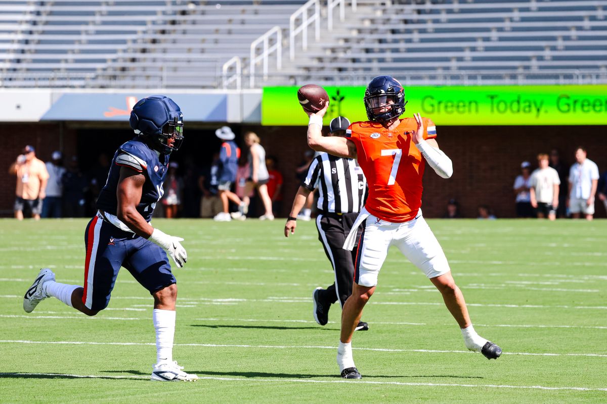 QB Beau Pribula (right) makes a throw during UVA's spring game.