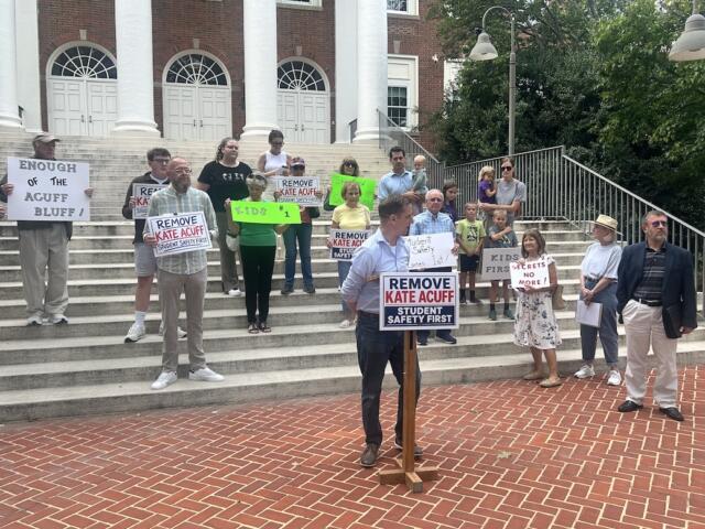 Phil Riese at the press conference for the Remove Kate Acuff petition