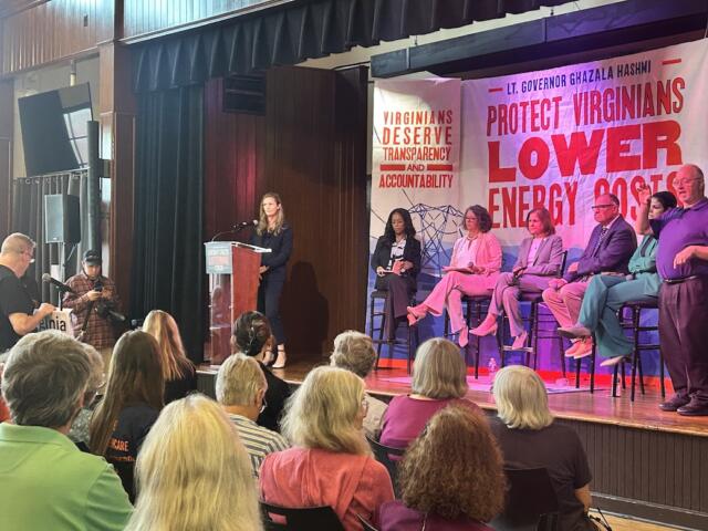 A panel of legislators hear from a concerned resident about the NextEra-Dominion merger at Hashmi's Energy Costs Listening Tour.