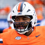 Close up image Virginia Offensive Lineman Makilan Thomas in uniform