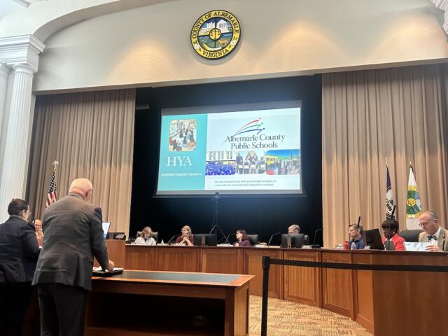The Albemarle School Board hears a presentation on the Superintendent search from HYA.