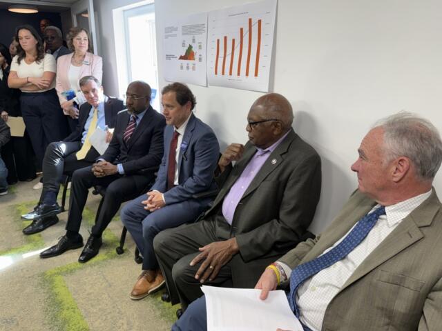 Left to right: Va. Sen. Mark Warner, Ga. Sen. Raphael Warnock, Tom Perriello, SC Rep. James Clyburn, Va. Sen. Tim Kaine