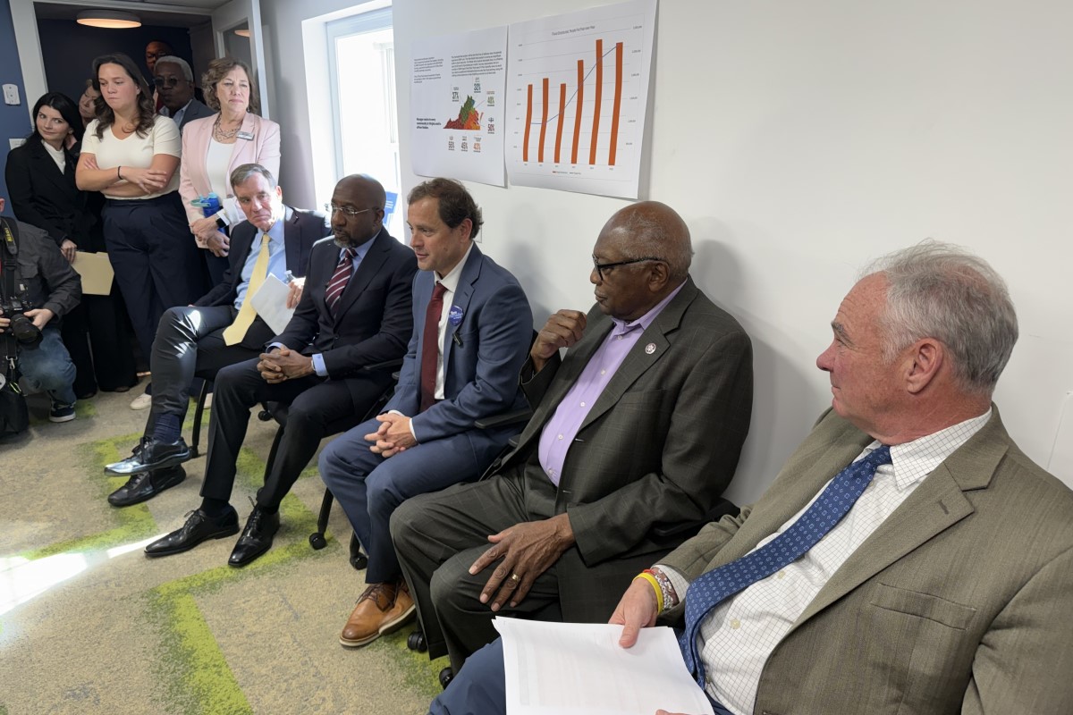 Left to right: Va. Sen. Mark Warner, Ga. Sen. Raphael Warnock, Tom Perriello, SC Rep. James Clyburn, Va. Sen. Tim Kaine