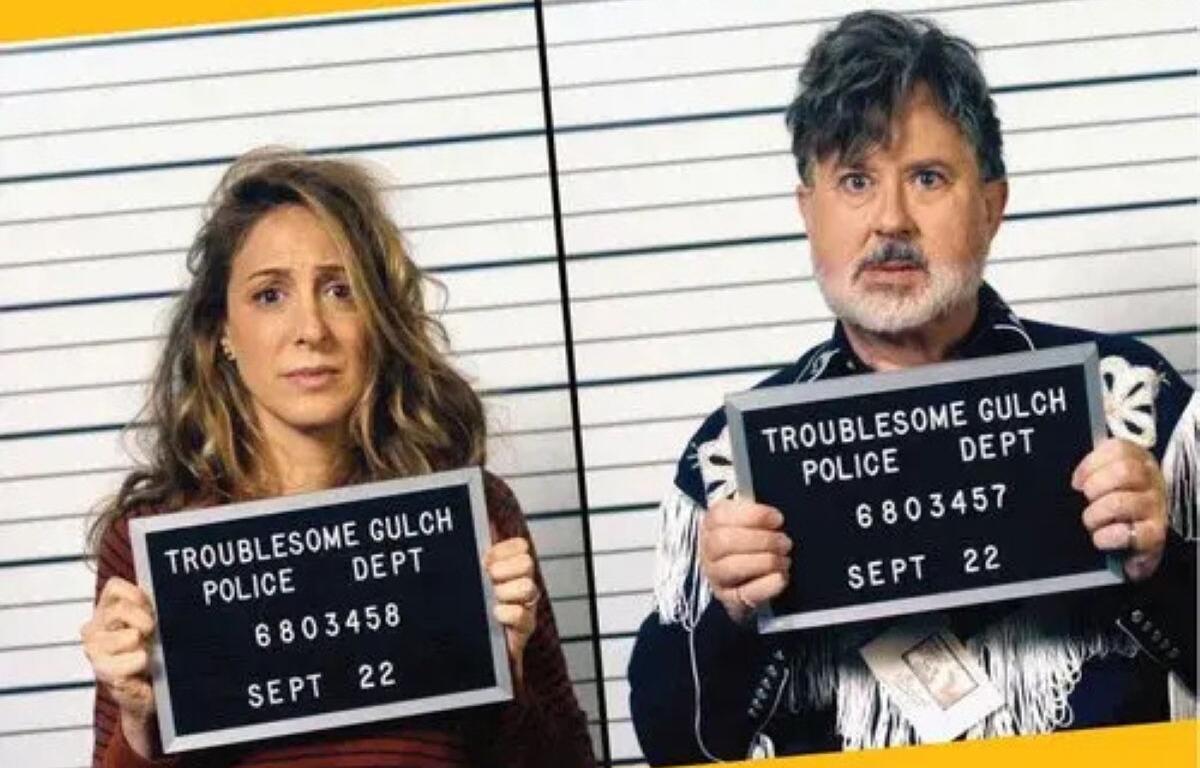 Natalie Gold and Jeremy Swift mugshots in a movie poster for "Welcome to the Fishbowl"