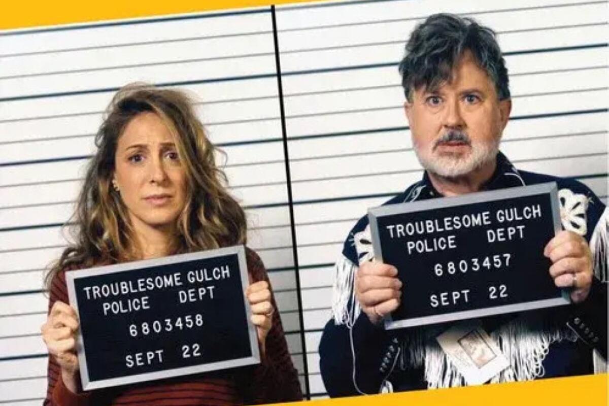 Natalie Gold and Jeremy Swift mugshots in a movie poster for "Welcome to the Fishbowl"